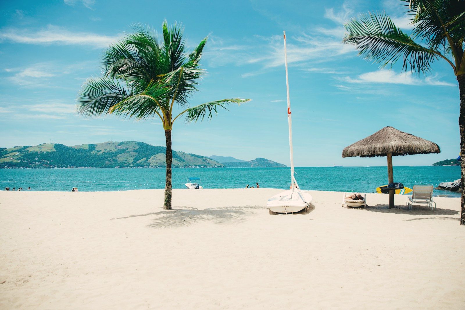 Palm-framed white sand beach
